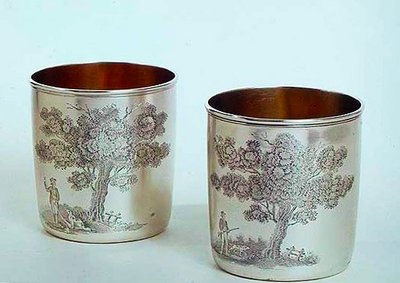 Beakers, George III, with Coat of Arms and Unusual Engraving of Shooting Scene, a Pair, Made by J.E. Edwards by English School